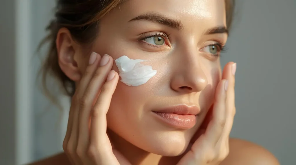 Belle femme passant de la crème sur son visage