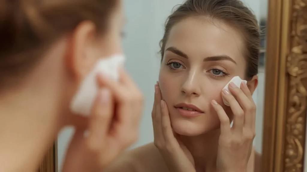 Une belle femme en train de se démaquiller devant le miroir de sa chambre