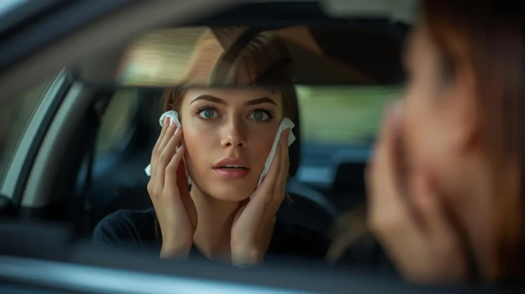 Une femme qui se démaquille dans sa voiture