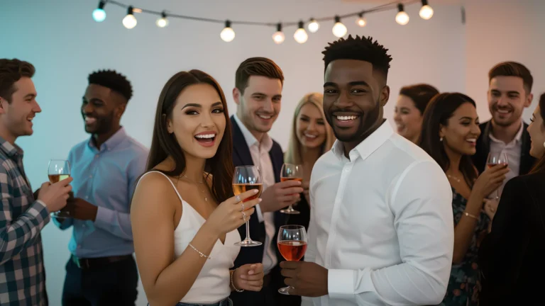 Un couple heureux dans une soirée avec un verre de vin à la main