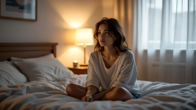 Une femme assise sur un lit se questionnant sur la sexualité compulsive